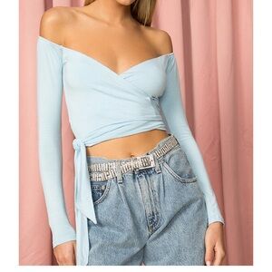 superdown Magda Off Shoulder Wrap Top in Light Blue